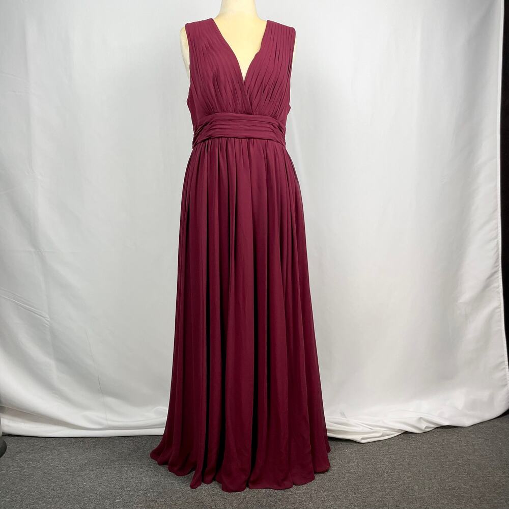 Fame And Partners Pleated Chiffon‎ Maxi Gown Sz 16 Burgundy Cutout Back Dress